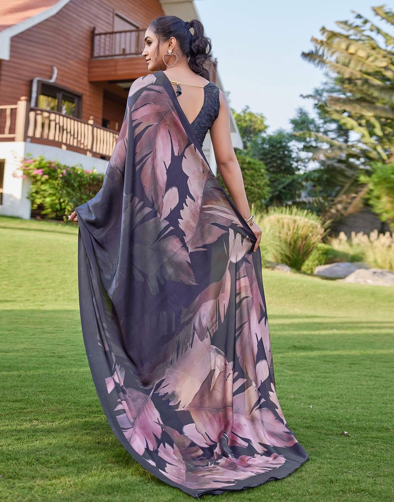 SIRIL Women's Satin Printed Saree With Unstitched Blouse Piece (4350S1027_Black & Brown) - Image 5