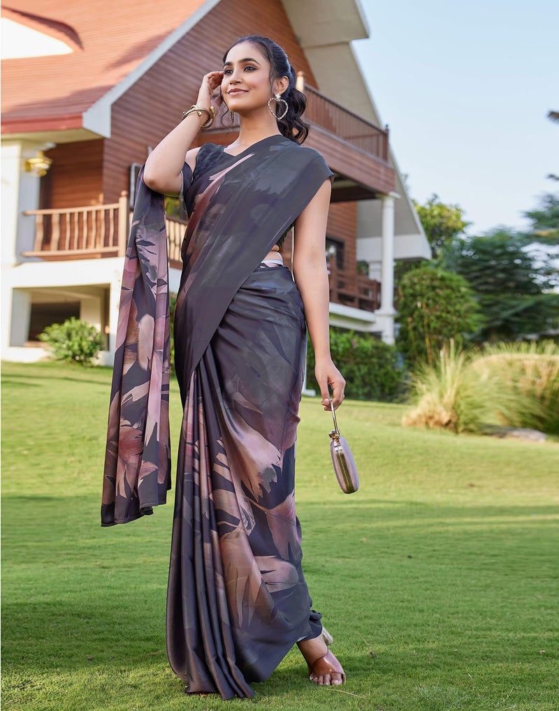 SIRIL Women's Satin Printed Saree With Unstitched Blouse Piece (4350S1027_Black & Brown) - Image 4