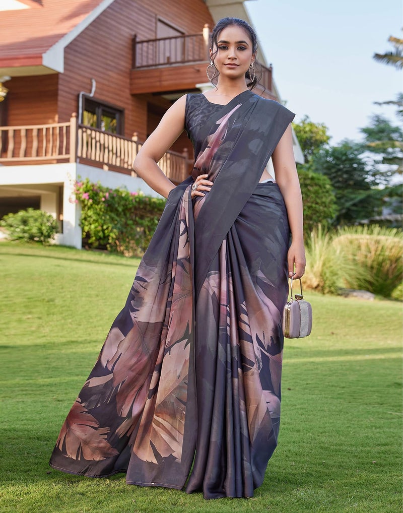 SIRIL Women's Satin Printed Saree With Unstitched Blouse Piece (4350S1027_Black & Brown) - Image 3