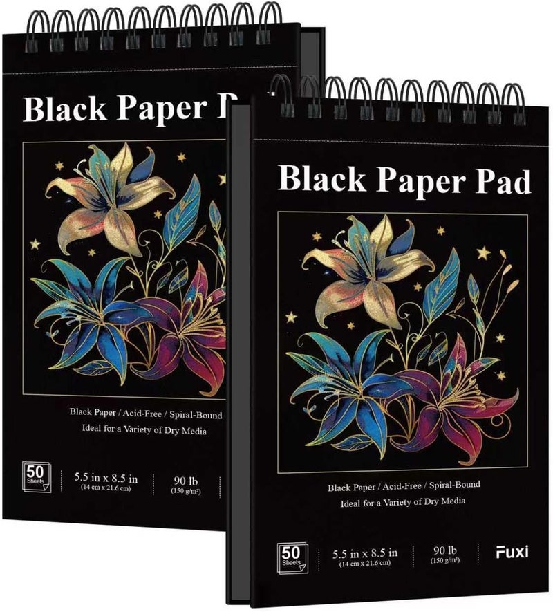 Fuxi Black Paper Sketchbook, 2-Pack - 5.5" x 8.5" | 90lb/150gsm Black Sketch Paper, 50 Sheets Per Pad - Image 1