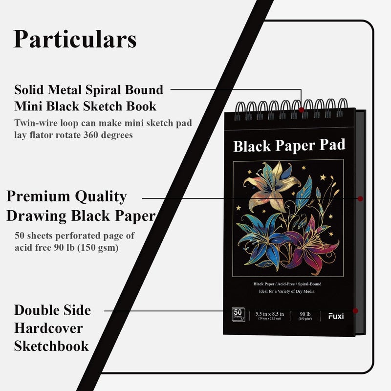 Fuxi Black Paper Sketchbook, 2-Pack - 5.5" x 8.5" | 90lb/150gsm Black Sketch Paper, 50 Sheets Per Pad - Image 3