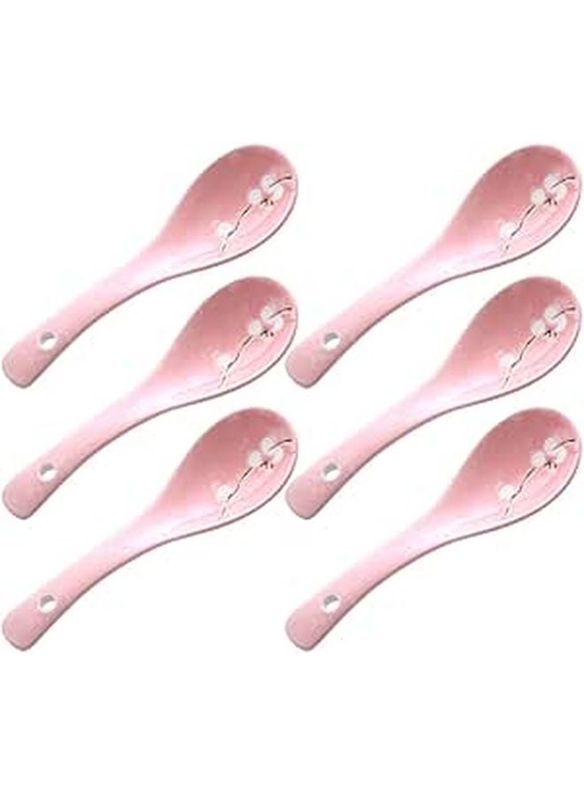 6 Pcs Japanese Ceramic Porridge Spoons Set Pink Snowflake Pattern Soup Spoons - Image 1