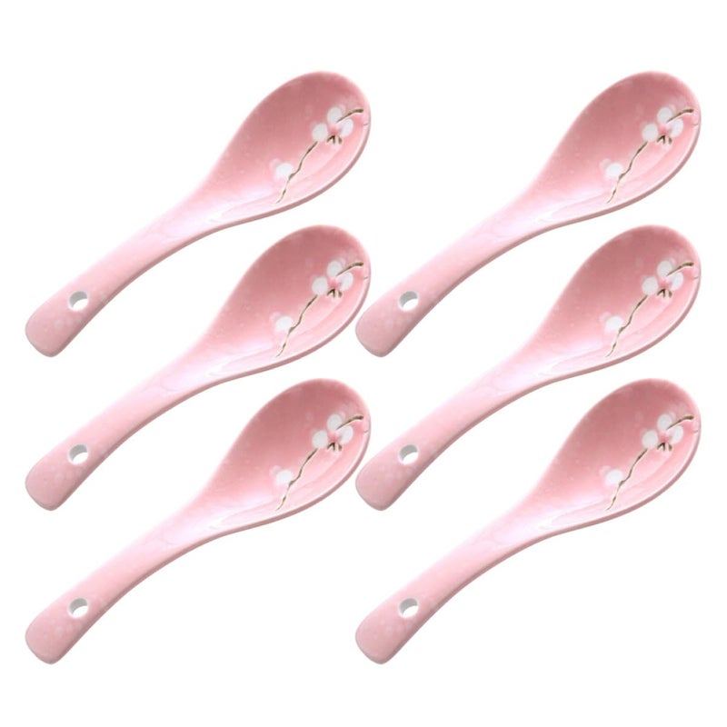 6 Pcs Japanese Ceramic Porridge Spoons Set Pink Snowflake Pattern Soup Spoons - Image 2