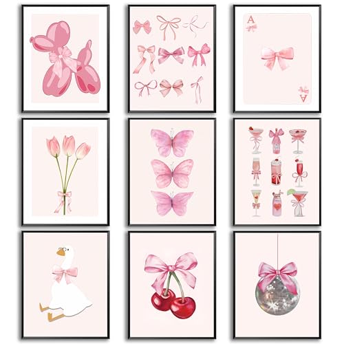 ANVOTIG 9pcs Pink Bow Canvas Wall Art Trendy Coquette Preppy Wall Decor Pictures Disco Ball Girly Room Decor Aesthetic Posters Prints for Bathroom Dorm Living Bedroom Decoration Unframed 8x10in - Image 1