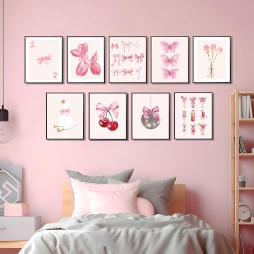 ANVOTIG 9pcs Pink Bow Canvas Wall Art Trendy Coquette Preppy Wall Decor Pictures Disco Ball Girly Room Decor Aesthetic Posters Prints for Bathroom Dorm Living Bedroom Decoration Unframed 8x10in - Image 4
