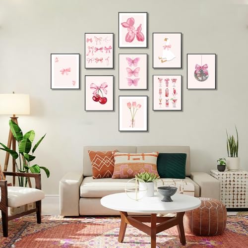 ANVOTIG 9pcs Pink Bow Canvas Wall Art Trendy Coquette Preppy Wall Decor Pictures Disco Ball Girly Room Decor Aesthetic Posters Prints for Bathroom Dorm Living Bedroom Decoration Unframed 8x10in - Image 2