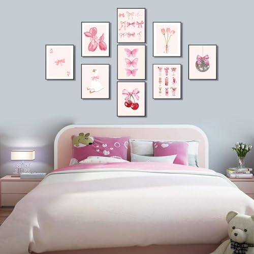 ANVOTIG 9pcs Pink Bow Canvas Wall Art Trendy Coquette Preppy Wall Decor Pictures Disco Ball Girly Room Decor Aesthetic Posters Prints for Bathroom Dorm Living Bedroom Decoration Unframed 8x10in - Image 5