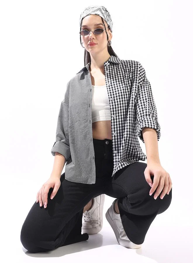 هاي ستار قميص نسائي أسود قطن % كاروهات بأزرار مقاس كبير