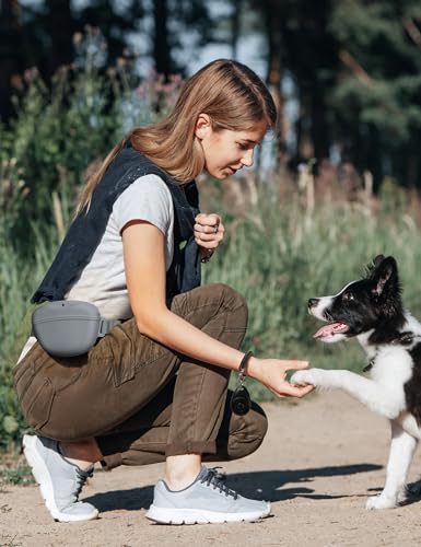 heouvo Dog Treat Pouch with Training Clicker, Upgrade Stronger Magnetic Closure to Avoid Spilling, 1.67 Cup Silicone Treat Bag Fanny Pack with Waist Belt for Pet Training Walking (Grey) - Image 3