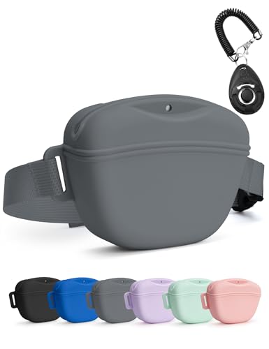 heouvo Dog Treat Pouch with Training Clicker, Upgrade Stronger Magnetic Closure to Avoid Spilling, 1.67 Cup Silicone Treat Bag Fanny Pack with Waist Belt for Pet Training Walking (Grey) - Image 1