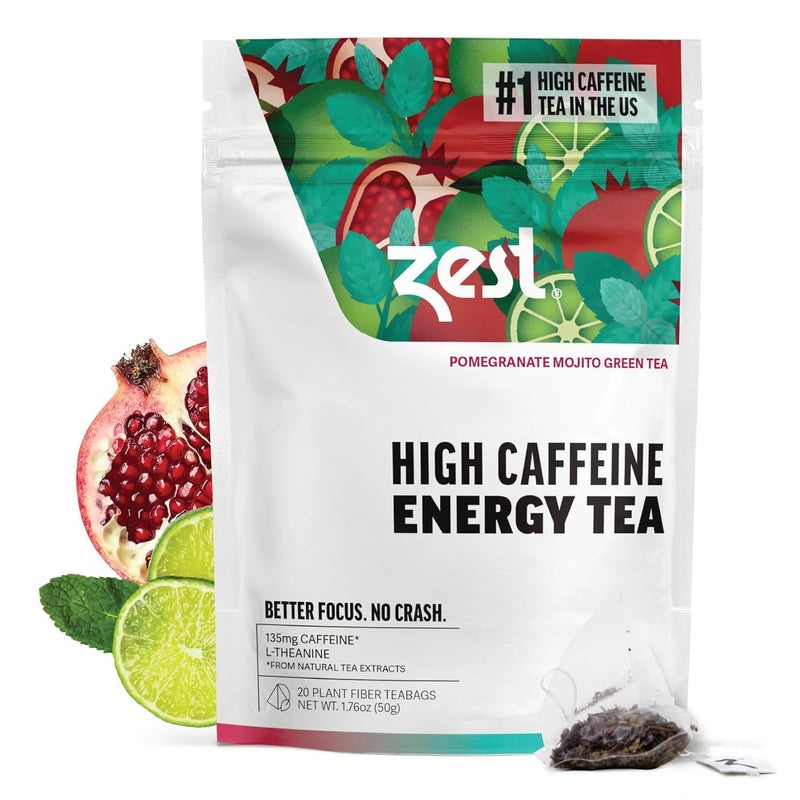 Zest Energy Green Tea â€“ Pomegranate Mojito High Caffeine Tea Bags for Focus & Morning Energy â€“ Natural Caffeinated Tea with 135mg Caffeine â€“ Coffee Substitute â€“ 20Ct Pack, Non-GMO & Keto Friendly - Image 1