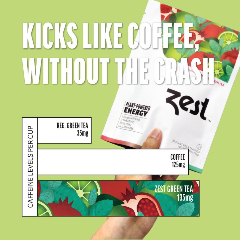 Zest Energy Green Tea â€“ Pomegranate Mojito High Caffeine Tea Bags for Focus & Morning Energy â€“ Natural Caffeinated Tea with 135mg Caffeine â€“ Coffee Substitute â€“ 20Ct Pack, Non-GMO & Keto Friendly - Image 3