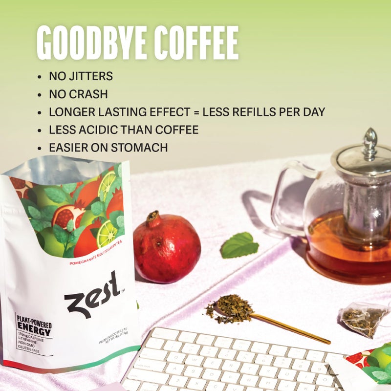 Zest Energy Green Tea â€“ Pomegranate Mojito High Caffeine Tea Bags for Focus & Morning Energy â€“ Natural Caffeinated Tea with 135mg Caffeine â€“ Coffee Substitute â€“ 20Ct Pack, Non-GMO & Keto Friendly - Image 2