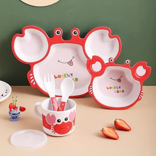 VBE® Animal Designs Shape red Crab Animal Kids Bamboo Fiber Dog Animal Kids Design Plates and Cup Feeding Set Dog Design Dinner Set, Party Sets, Lunch Sets Fun Plate Sets. - Image 1