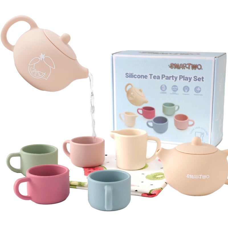Smartwo Silicone Tea Set for Toddlers Aged 0+ Months,Real or Play Tea Party Set for Kids,Non-Toxic Baby Kitchen Toys,Cute Morandi Children Gift Suitable for Little Girl Boy(with Washable Cloth Napkin) - Image 1