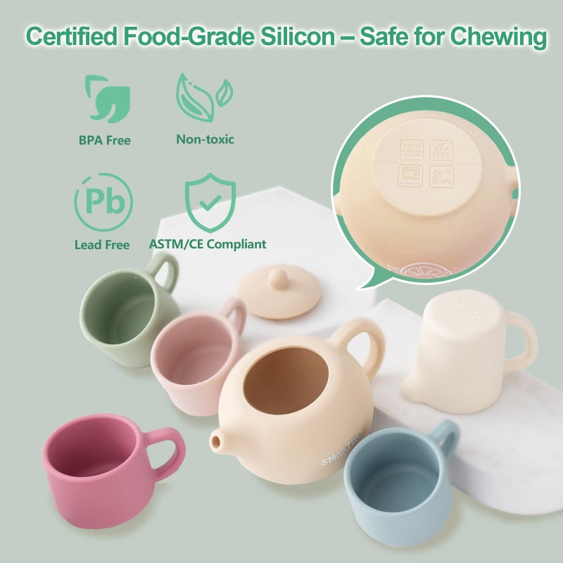 Smartwo Silicone Tea Set for Toddlers Aged 0+ Months,Real or Play Tea Party Set for Kids,Non-Toxic Baby Kitchen Toys,Cute Morandi Children Gift Suitable for Little Girl Boy(with Washable Cloth Napkin) - Image 3