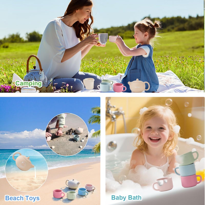 Smartwo Silicone Tea Set for Toddlers Aged 0+ Months,Real or Play Tea Party Set for Kids,Non-Toxic Baby Kitchen Toys,Cute Morandi Children Gift Suitable for Little Girl Boy(with Washable Cloth Napkin) - Image 4