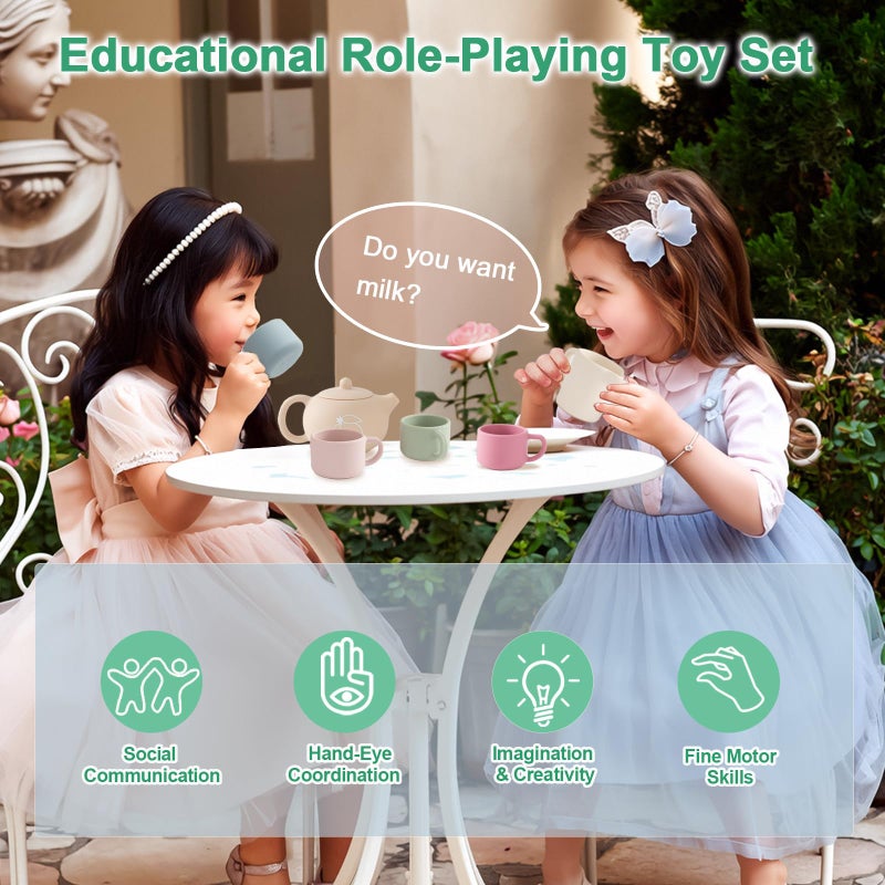 Smartwo Silicone Tea Set for Toddlers Aged 0+ Months,Real or Play Tea Party Set for Kids,Non-Toxic Baby Kitchen Toys,Cute Morandi Children Gift Suitable for Little Girl Boy(with Washable Cloth Napkin) - Image 2