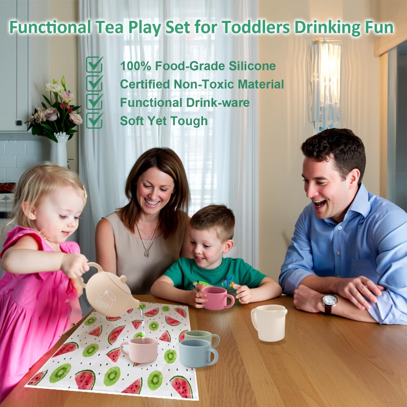 Smartwo Silicone Tea Set for Toddlers Aged 0+ Months,Real or Play Tea Party Set for Kids,Non-Toxic Baby Kitchen Toys,Cute Morandi Children Gift Suitable for Little Girl Boy(with Washable Cloth Napkin) - Image 5