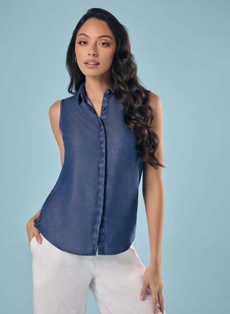 Zigzag Sleeveless Hidden Placket Tencel Shirt Top