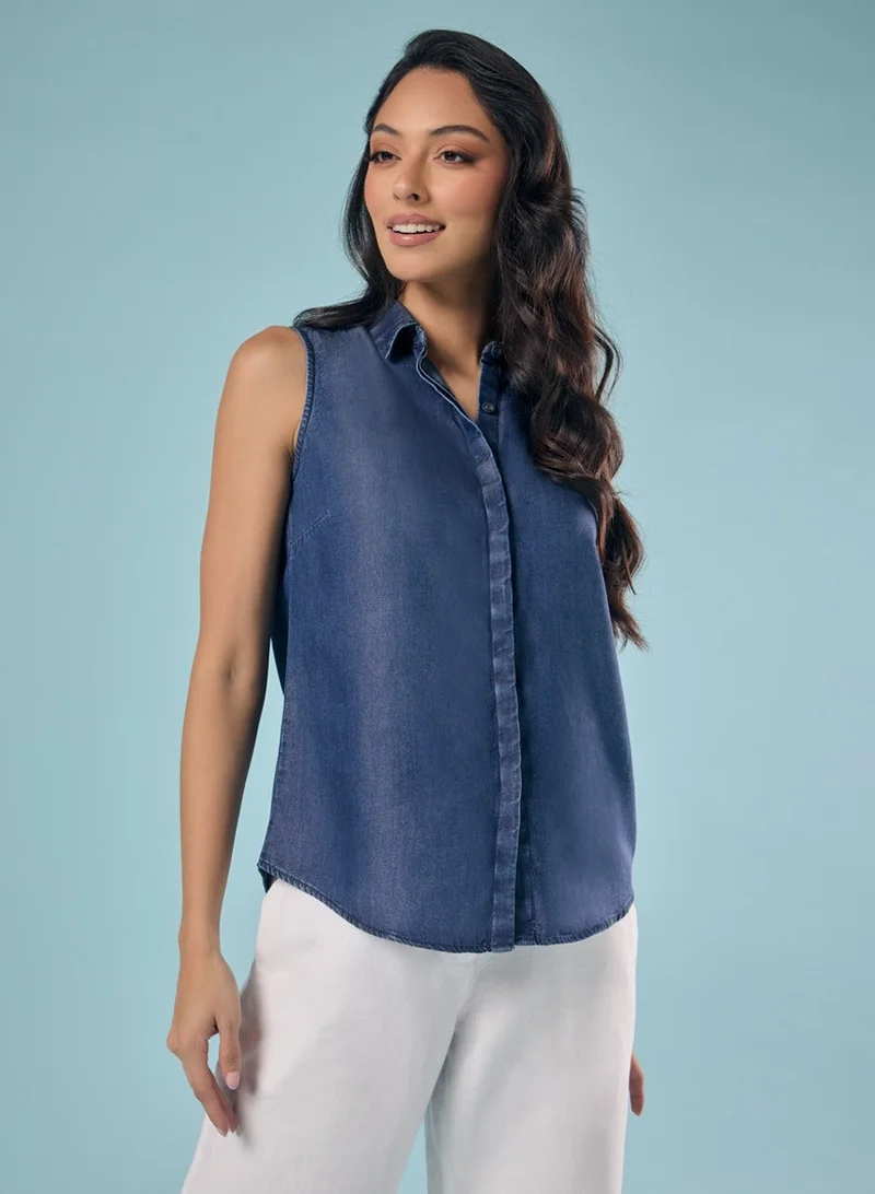 Zigzag Sleeveless Hidden Placket Tencel Shirt Top