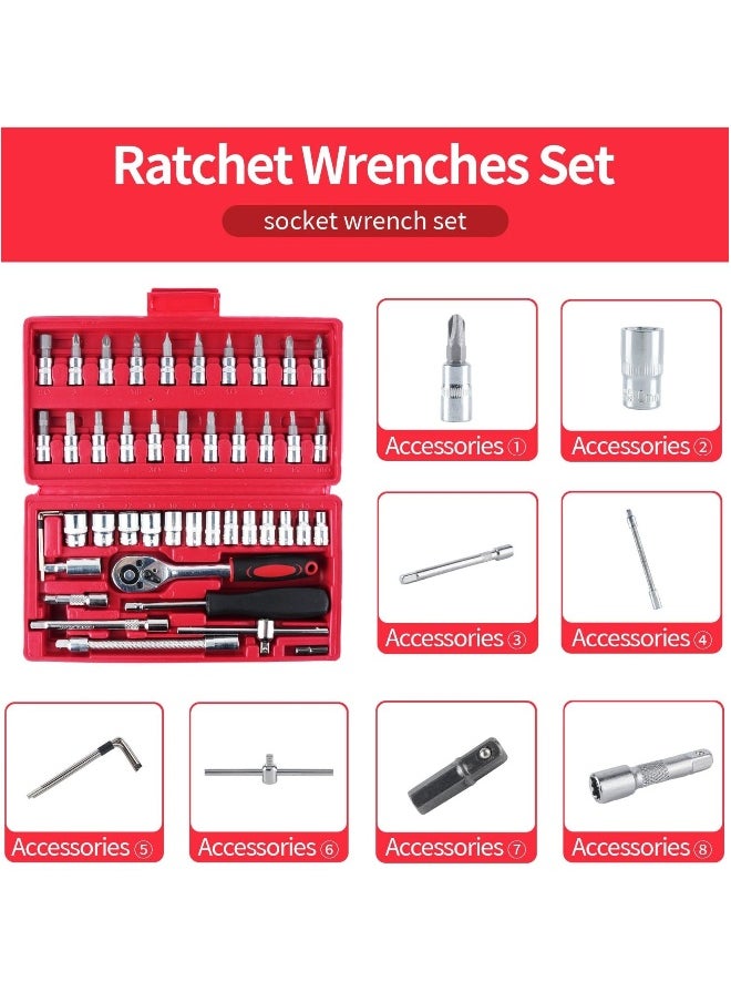 ماركة غير محددة طقم مفاتيح socket مكون من 46 قطعة، مجموعة مفاتيح ratchet بقياس 1/4 بوصة، طقم أدوات إصلاح السيارات والأجهزة المنزلية، أدوات إصلاح socket مقياس متر 
