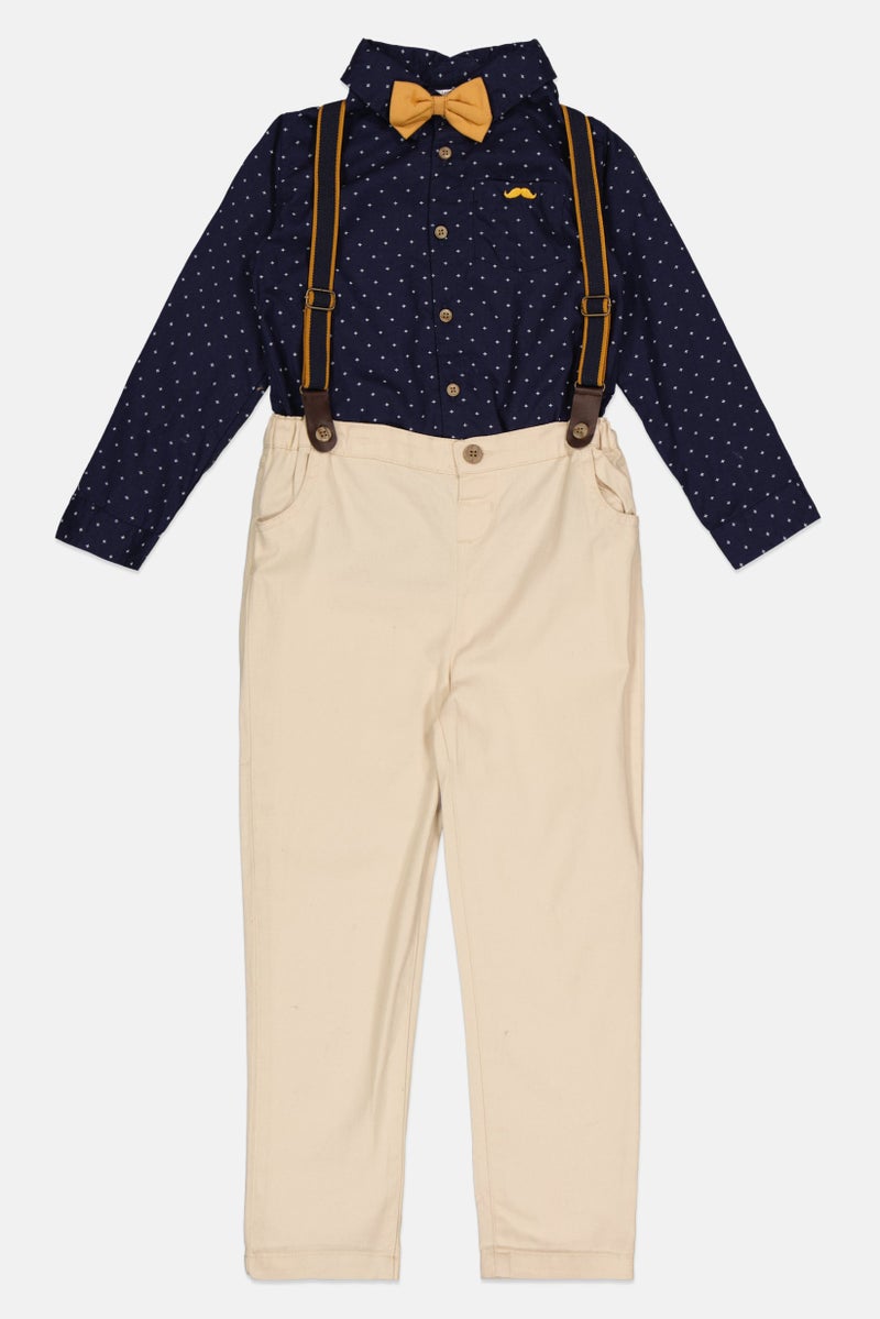 Little Gent Toddlers Boy 3 Piece Solid Shirt And Trousers With Bowtie Set, Beige - Image 1