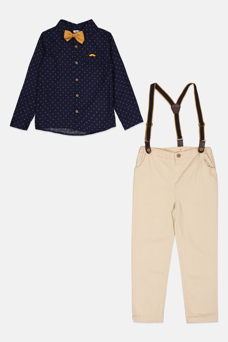 Little Gent Toddlers Boy 3 Piece Solid Shirt And Trousers With Bowtie Set, Beige - Image 3