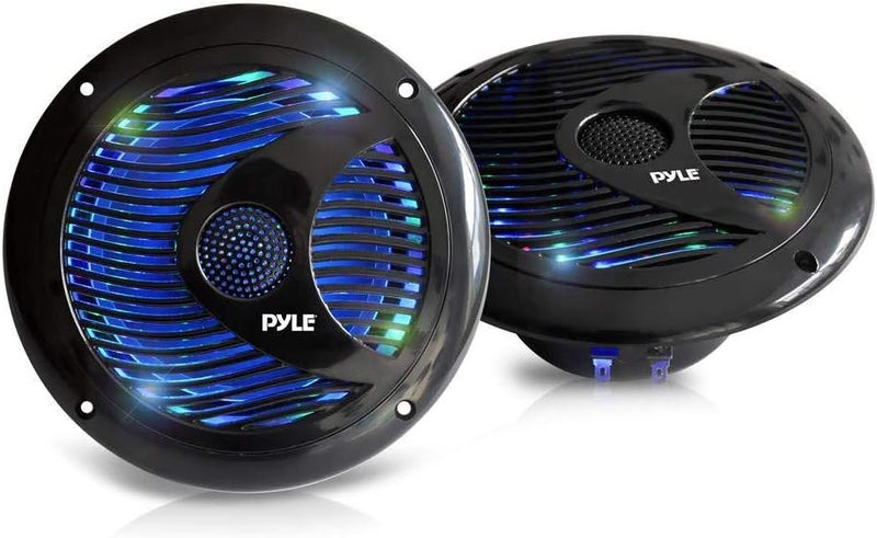Pyle 6.5'' Dual Marine Speakers - IP44 Waterproof and Weather Resistant Outdoor Audio Stereo Sound System with Built-in Led Lights, 150 Watt Power and Polyprone Cone - 1 Pair - PLMR6LEB (Black) - Image 1