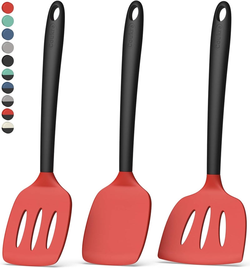 Coukre 3 Pack Silicone Spatula Set, High Heat Resistant, BPA-Free, Fish Spatula, Solid & Slotted Turner for Non-Stick Pans, Flipping Eggs, Pancakes, Fish, Burgers (3, RedBlack) - Image 1