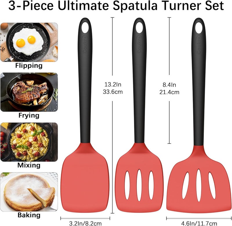 Coukre 3 Pack Silicone Spatula Set, High Heat Resistant, BPA-Free, Fish Spatula, Solid & Slotted Turner for Non-Stick Pans, Flipping Eggs, Pancakes, Fish, Burgers (3, RedBlack) - Image 2