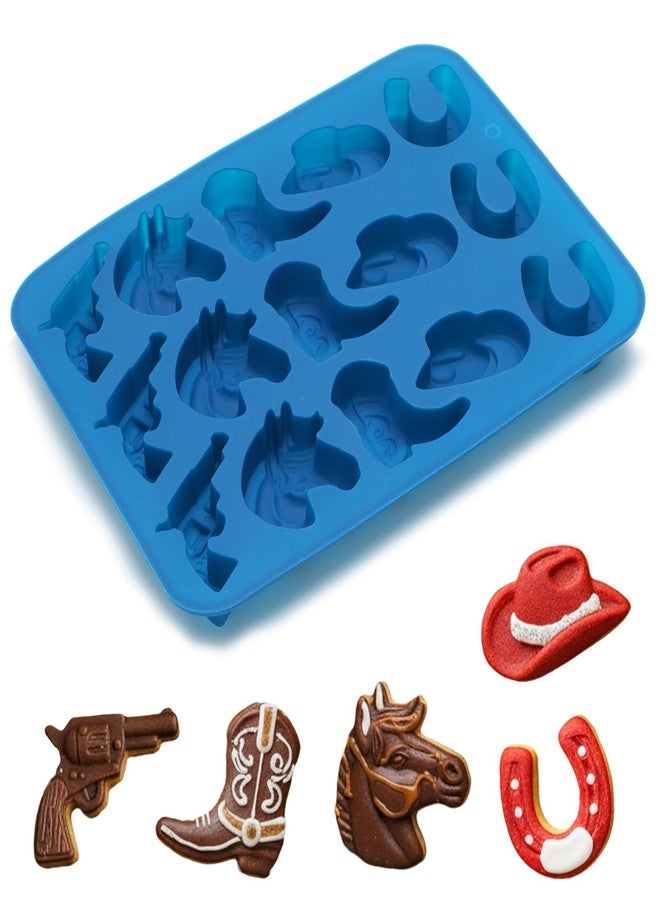 Shimmeroo Cowboy Silicone Gummy Molds, 3D Western Themed Chocolate Molds Silicone with Cowboy Horse Boots Hat Saddle Shapes for DIY Baking Cupcake Cake Candy Party Desserts Decorations(Blue) - Image 1