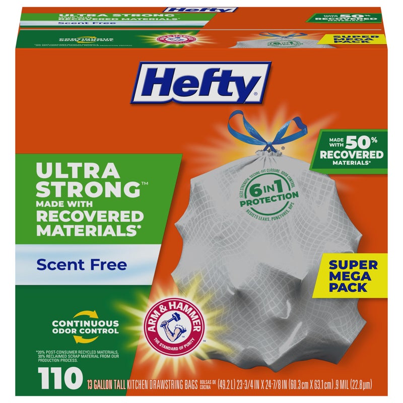 Hefty Ultra Strong Made with 50% Recovered Materials* Tall Kitchen Trash Bags, Gray, Unscented, 13 Gallon, 110 Count - Image 1