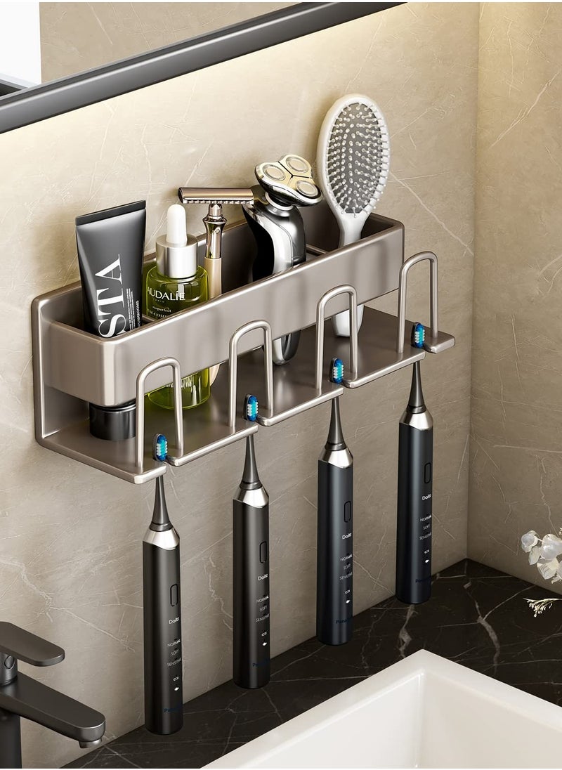 MIXDE Self-Adhesive Toothbrush Holder for Bathroom, No-Drill Wall Mounted Toothbrush Rack with Storage Organizer, Made by Space Aluminum, Perfect for Families and Shared Bathroom  - Image 3