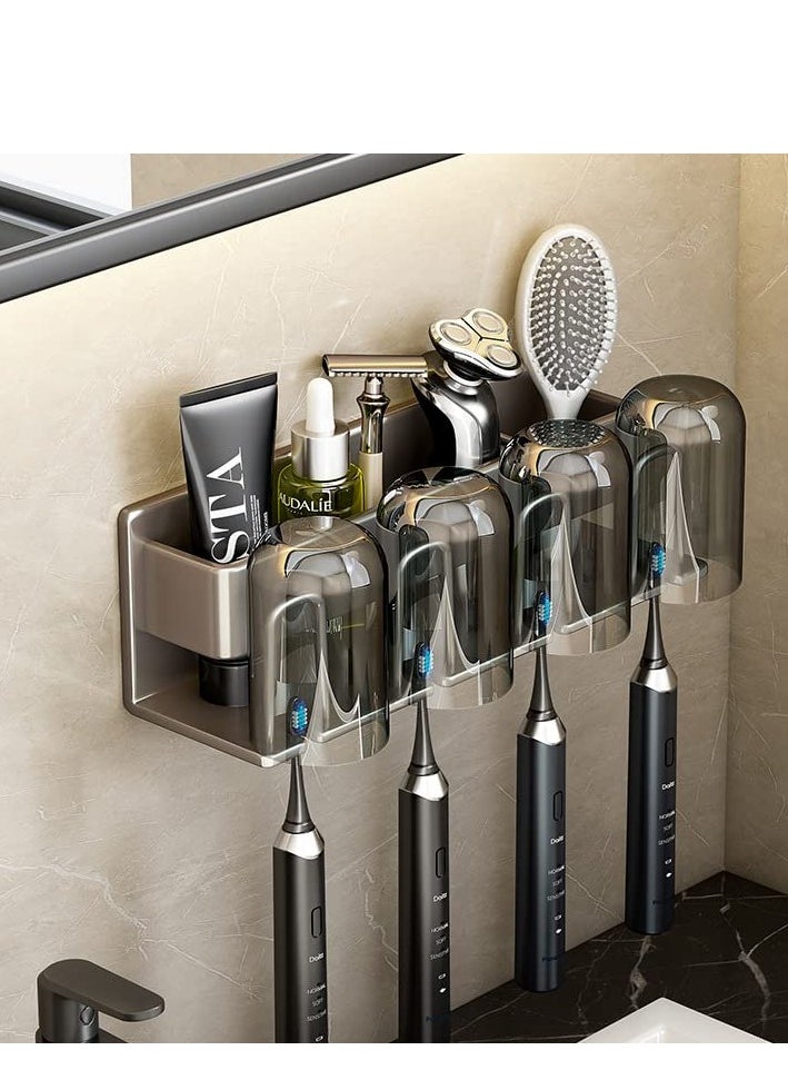 MIXDE Self-Adhesive Toothbrush Holder for Bathroom, No-Drill Wall Mounted Toothbrush Rack with Storage Organizer, Made by Space Aluminum, Perfect for Families and Shared Bathroom  - Image 4