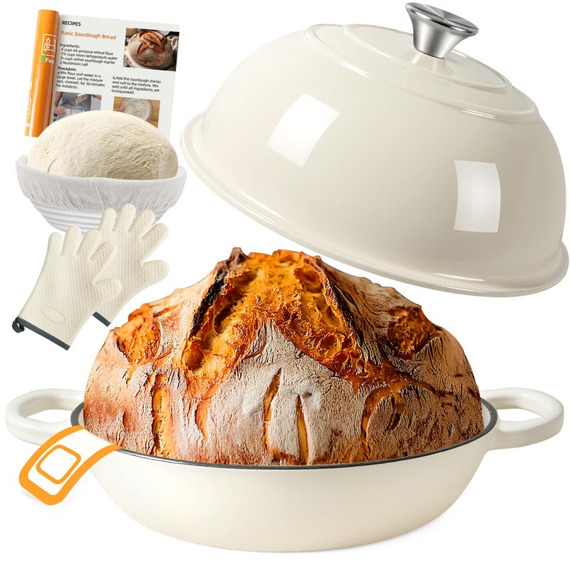 AHJ 6QT Dutch Oven For Bread Baking, Enameled Cast Iron Dutch Oven Pot with Lid, Multi-Functional Bread pan, Sourdough Baking Supplies with Proofing Basket, Cast Iron Bread Oven, Silicone Sling & Gloves. - Image 1