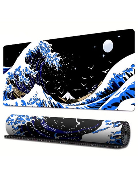 Large Gaming Mouse Pad with Stitched Edges, Minimalist Topographic Map Desk Mat, Extended XL Mousepad with Anti-Slip Base, Cool Desk Pad for Keyboard and Mouse, 31.5 x 11.8 in(800mm*300mm*3mm) | Sea Wave Kanagawa Surfing Style