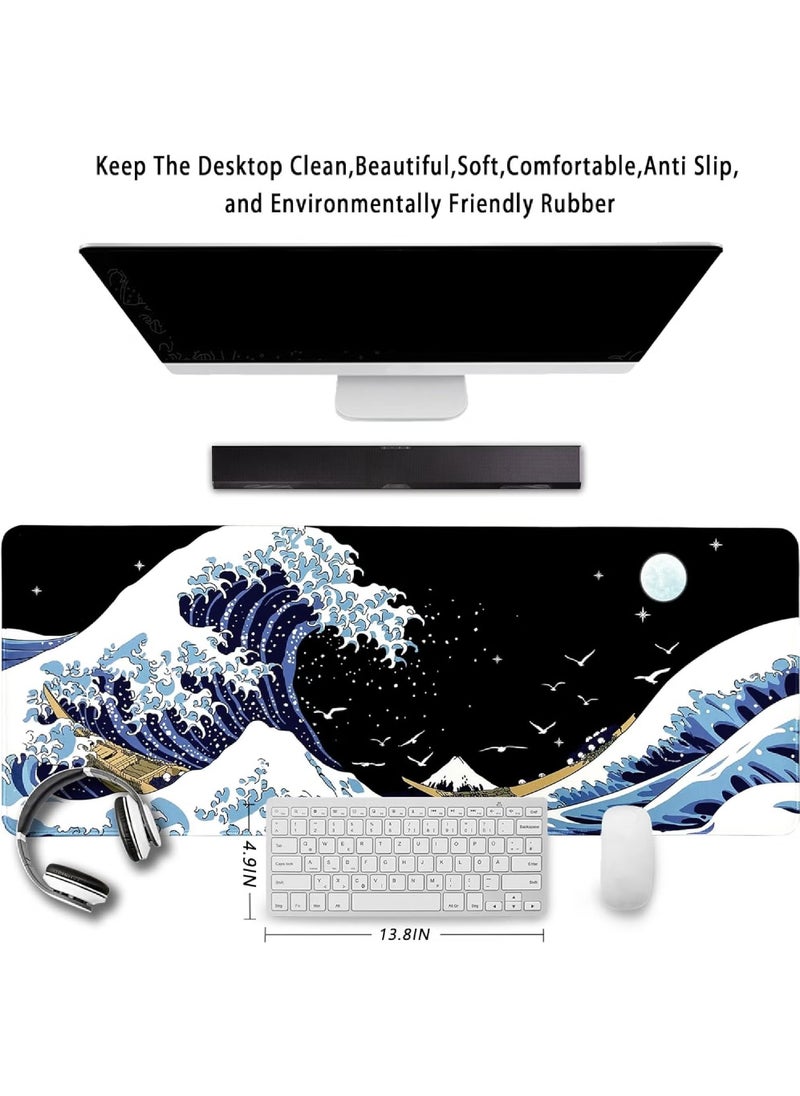 Univer Tang - Large Gaming Mouse Pad with Stitched Edges, Minimalist Topographic Map Desk Mat, Extended XL Mousepad with Anti-Slip Base, Cool Desk Pad for Keyboard and Mouse, 31.5 x 11.8 in(800mm*300mm*3mm) | Sea Wave Kanagawa Surfing Style - Image 1