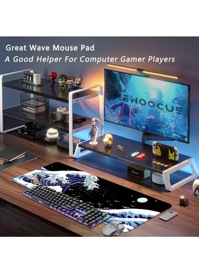 Univer Tang - Large Gaming Mouse Pad with Stitched Edges, Minimalist Topographic Map Desk Mat, Extended XL Mousepad with Anti-Slip Base, Cool Desk Pad for Keyboard and Mouse, 31.5 x 11.8 in(800mm*300mm*3mm) | Sea Wave Kanagawa Surfing Style - Image 1