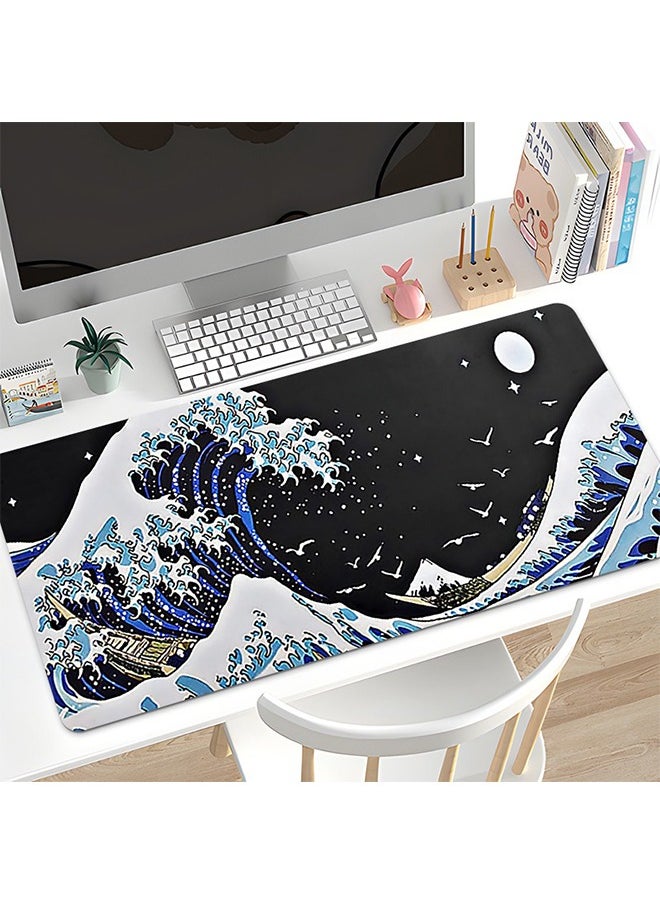 Univer Tang - Large Gaming Mouse Pad with Stitched Edges, Minimalist Topographic Map Desk Mat, Extended XL Mousepad with Anti-Slip Base, Cool Desk Pad for Keyboard and Mouse, 31.5 x 11.8 in(800mm*300mm*3mm) | Sea Wave Kanagawa Surfing Style - Image 1