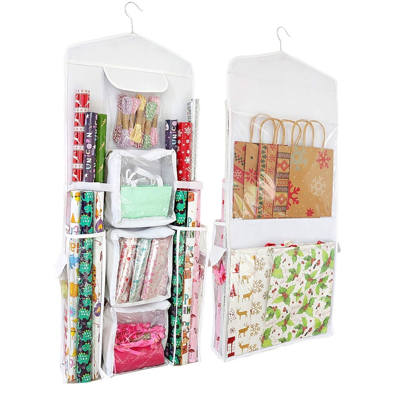 SumDirect DoubleSided Gift Wrap Organizer  White Hanging Wrapping Paper Gift Bag Storage Holder Pockets
