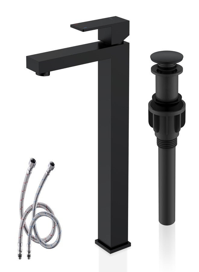 KENES Matte Black Bathroom Faucet Single Handle Tall Vessel Sink Faucet Vanity Bathroom Faucet Basin Mixer Tap with Water Supply Hose and Pop Up Sink Drain, LJ-9031A-2 - Image 1