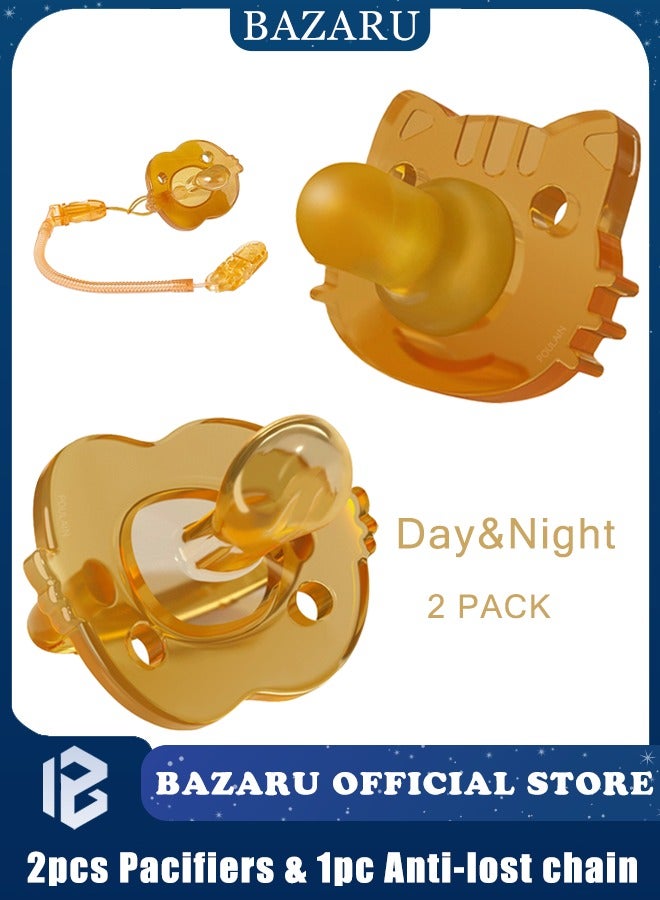 BAZARU 2-Pack 100% Silicone Orthodontic Pacifiers for Babies 0-36 Months, BPA-Free Baby Soothers with Anti-Lost Chain, Safety Handle & Air Holes, Easy to Clean (Newborn to Toddler)
