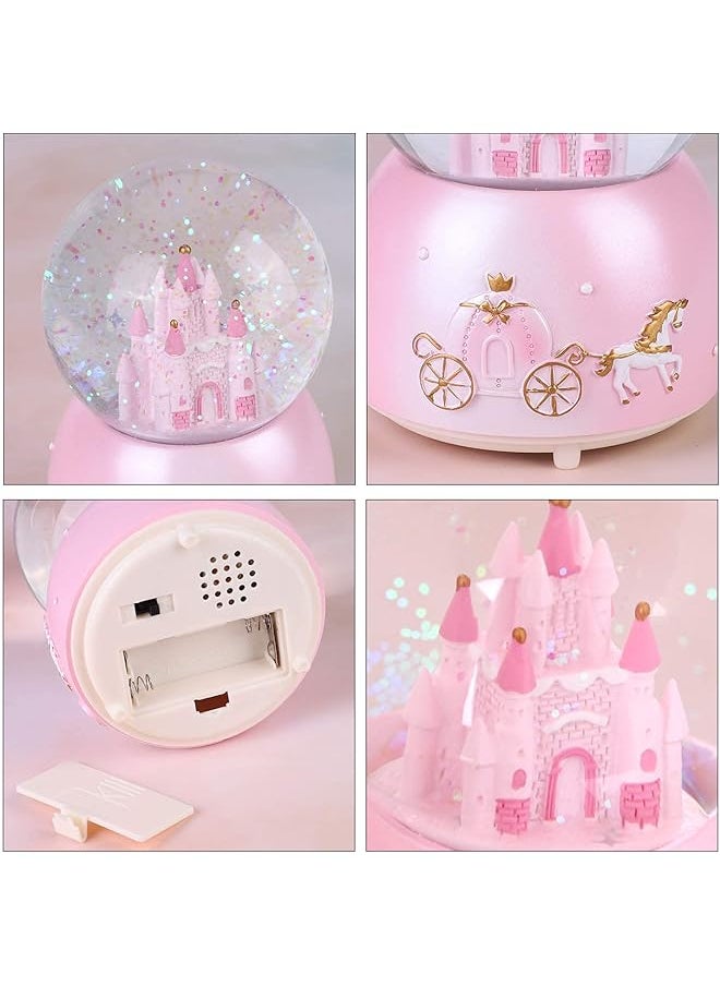 erorex Castle Snow Globe Music Box Cartoon Crystal Ball With Color Changing Led Lights Kids Music Box Light Up Snow Globe Tabletop Ornaments Home Decor For Women Kids Girls Mom Birthday Gift Pinks  - Image 3