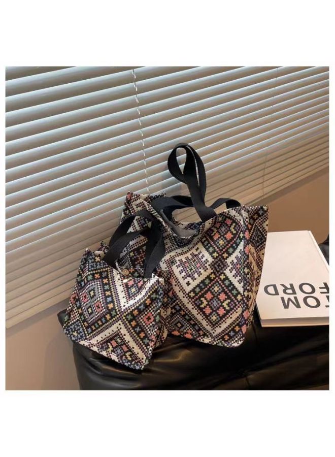 Bag Women's Bag Large Capacity Ethnic Commuter Tote Bag 04 Fashion Canvas Bag Instagram College Student Class Shoulder Bag-Color:black Trumpet  - Image 4