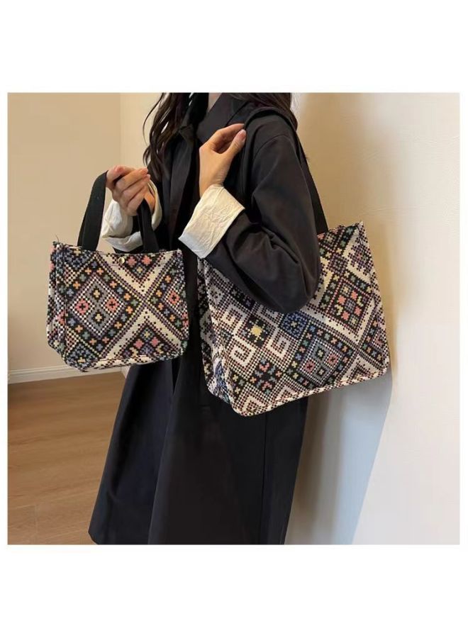 Bag Women's Bag Large Capacity Ethnic Commuter Tote Bag 04 Fashion Canvas Bag Instagram College Student Class Shoulder Bag-Color:black Trumpet  - Image 2