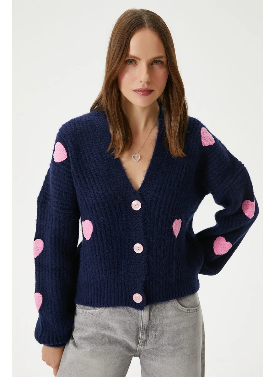 Ritnice Women's Cozy Navy Blue Pink Heart Embroidered Knitwear Cardigan