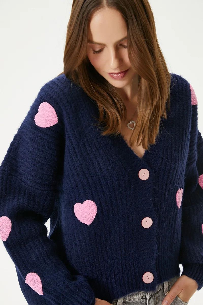 Ritnice Women's Cozy Navy Blue Pink Heart Embroidered Knitwear Cardigan