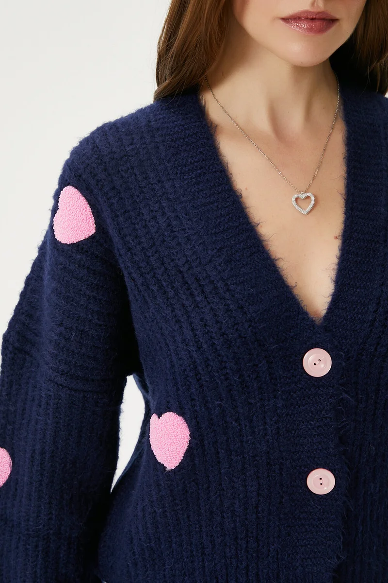 Ritnice Women's Cozy Navy Blue Pink Heart Embroidered Knitwear Cardigan