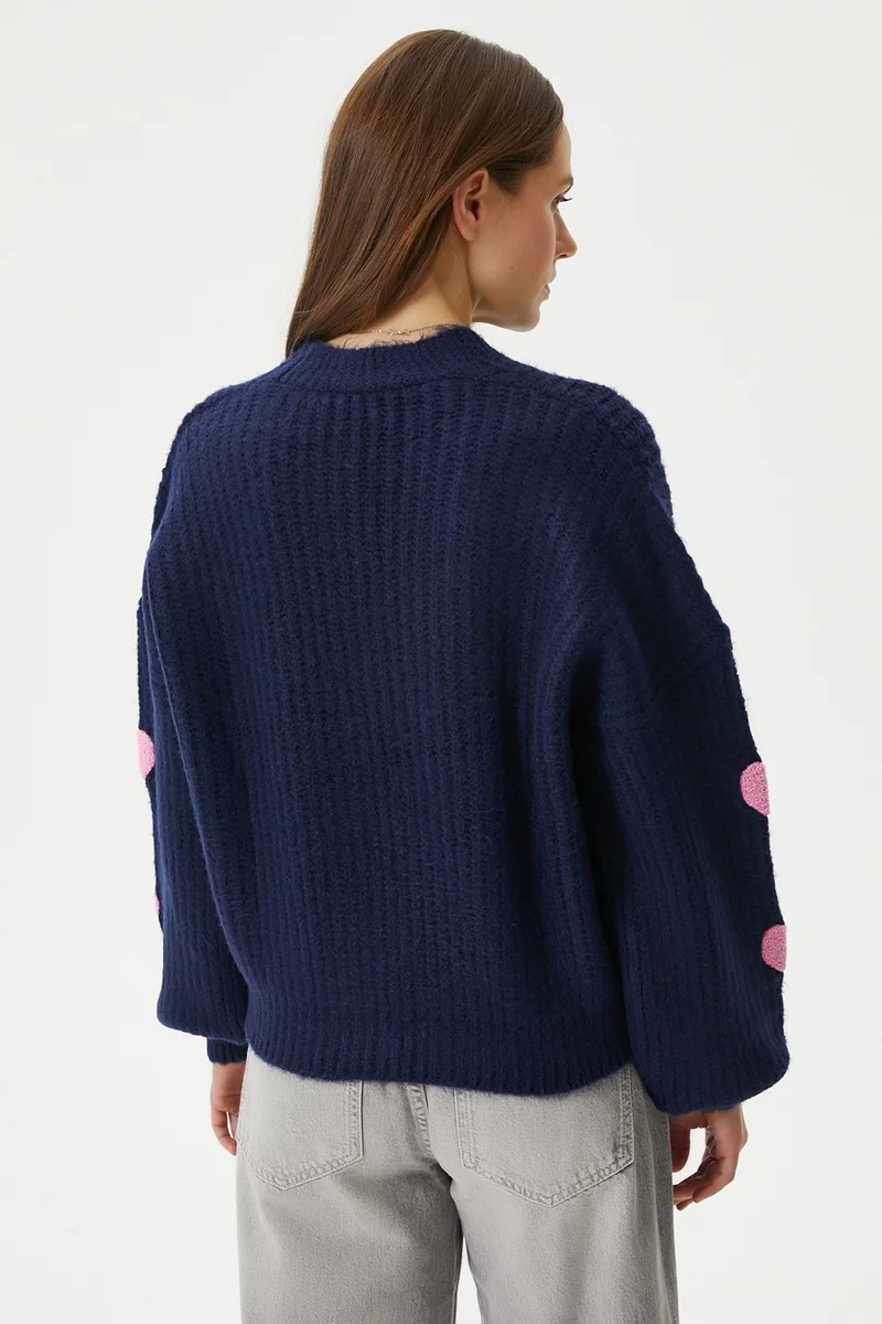 Ritnice Women's Cozy Navy Blue Pink Heart Embroidered Knitwear Cardigan